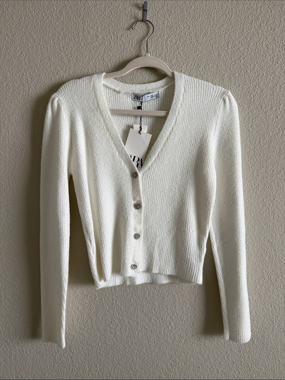 Zara White V-Neck Button-Up Cardigan
